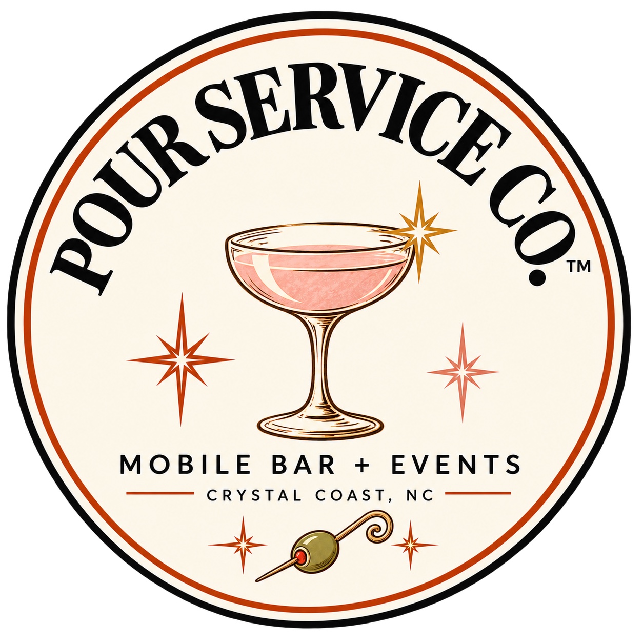 Pour Service Co. logo with a pink coupe, starbursts and olive pick